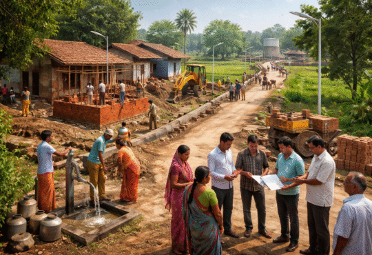 “झारखंड के ग्रामीण क्षेत्र में पंचायत विकास कार्य का प्रतीकात्मक दृश्य, गांव में सड़क, पानी और निर्माण कार्य होते हुए”