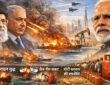 भारत की विदेश नीति संकट में दिखाती एक इमेज जिसमें Narendra Modi, Ali Khamenei और Benjamin Netanyahu के साथ Strait of Hormuz में जलते तेल टैंकर, युद्ध और LPG संकट का दृश्य दिखाया गया है