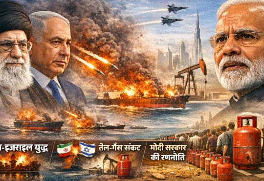 भारत की विदेश नीति संकट में दिखाती एक इमेज जिसमें Narendra Modi, Ali Khamenei और Benjamin Netanyahu के साथ Strait of Hormuz में जलते तेल टैंकर, युद्ध और LPG संकट का दृश्य दिखाया गया है