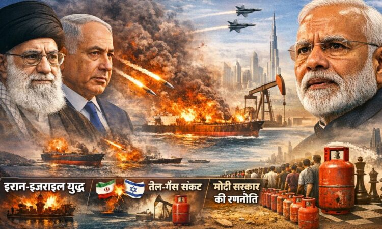 भारत की विदेश नीति संकट में दिखाती एक इमेज जिसमें Narendra Modi, Ali Khamenei और Benjamin Netanyahu के साथ Strait of Hormuz में जलते तेल टैंकर, युद्ध और LPG संकट का दृश्य दिखाया गया है