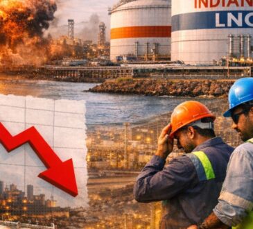 कतर में ड्रोन हमले के बाद एलएनजी प्लांट में विस्फोट का दृश्य, भारतीय ऑयल के LNG टैंक, गिरता ग्राफ, LNG जहाज और स्पॉट टेंडर की तैयारी दिखाते उद्योग कर्मी — भारत में गैस आपूर्ति 10–30% कटौती का प्रतीकात्मक चित्र।