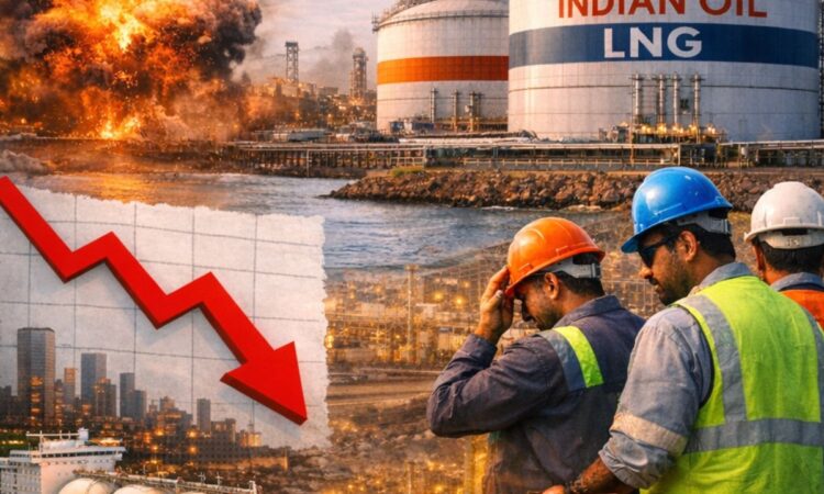कतर में ड्रोन हमले के बाद एलएनजी प्लांट में विस्फोट का दृश्य, भारतीय ऑयल के LNG टैंक, गिरता ग्राफ, LNG जहाज और स्पॉट टेंडर की तैयारी दिखाते उद्योग कर्मी — भारत में गैस आपूर्ति 10–30% कटौती का प्रतीकात्मक चित्र।