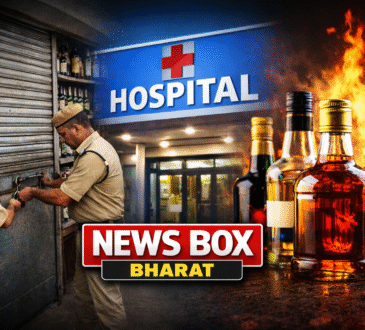Ranchi municipal officers closing an illegal liquor shop near a hospital with bottles visible and enforcement action scene