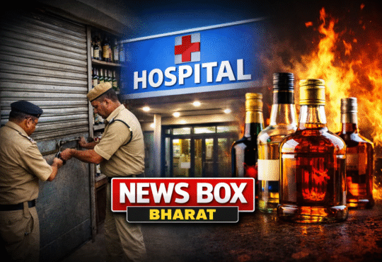 Ranchi municipal officers closing an illegal liquor shop near a hospital with bottles visible and enforcement action scene