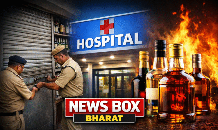 Ranchi municipal officers closing an illegal liquor shop near a hospital with bottles visible and enforcement action scene