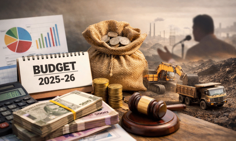 झारखंड बजट 2025-26 से जुड़ी प्रतीकात्मक तस्वीर, जिसमें वित्तीय दस्तावेज, कैलकुलेटर और सरकारी खर्च को दर्शाया गया है