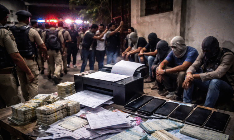 रांची में पुलिस छापेमारी के दौरान पेपर लीक गैंग का पर्दाफाश, टेबल पर नकदी, मोबाइल और प्रश्न-पत्र के साथ गिरफ्तार आरोपी