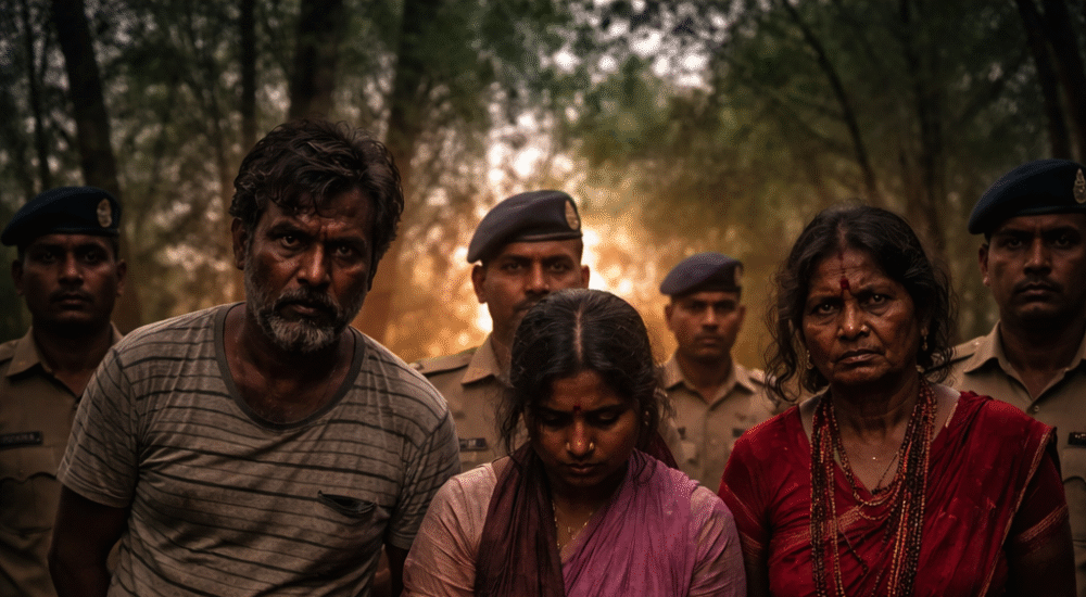 Hazaribagh crime case related image showing accused persons with police during investigation of black magic and superstition based murder case in Jharkhand