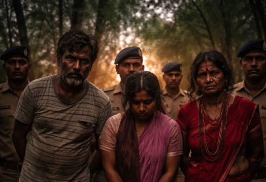 Hazaribagh crime case related image showing accused persons with police during investigation of black magic and superstition based murder case in Jharkhand