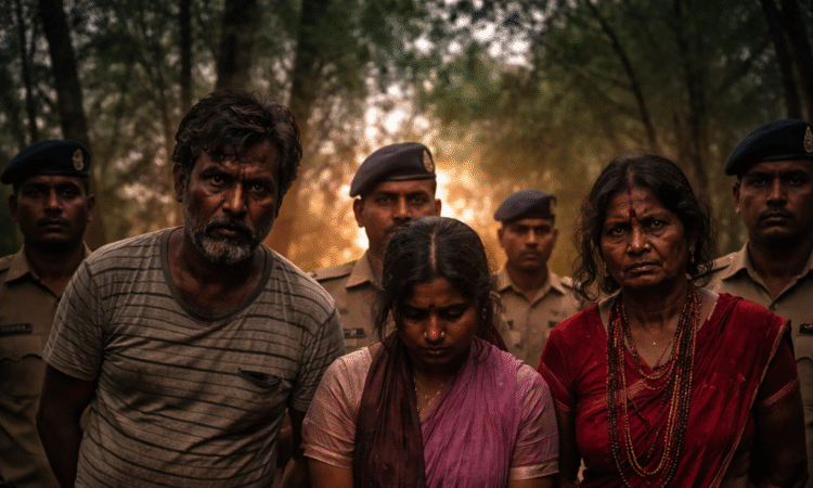 Hazaribagh crime case related image showing accused persons with police during investigation of black magic and superstition based murder case in Jharkhand
