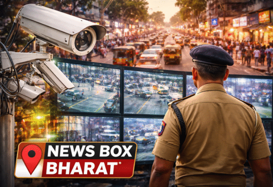 रांची शहर में CCTV कैमरा और पुलिस अधिकारी द्वारा मॉनिटरिंग करते हुए व्यस्त सड़क का दृश्य, सुरक्षा और निगरानी को दर्शाता हुआ