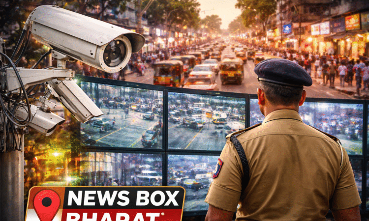 रांची शहर में CCTV कैमरा और पुलिस अधिकारी द्वारा मॉनिटरिंग करते हुए व्यस्त सड़क का दृश्य, सुरक्षा और निगरानी को दर्शाता हुआ