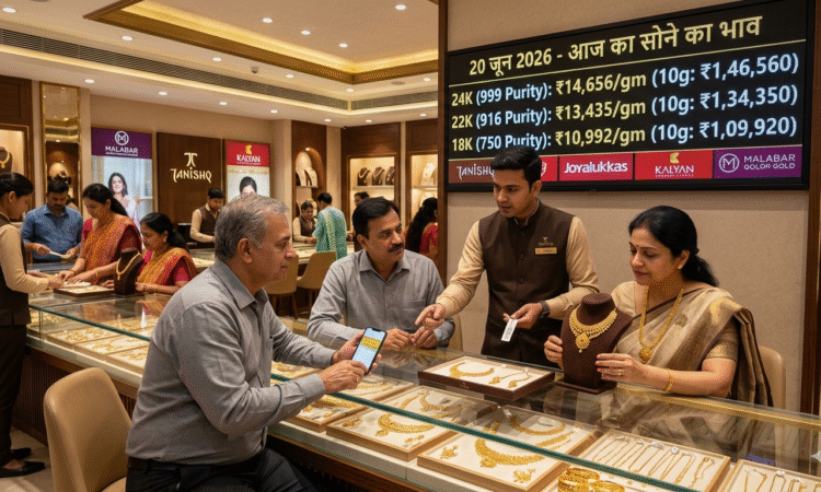 20 जून 2026 का सोने का भाव, 24K 22K 18K गोल्ड रेट, Tanishq Kalyan Malabar Gold Price Today