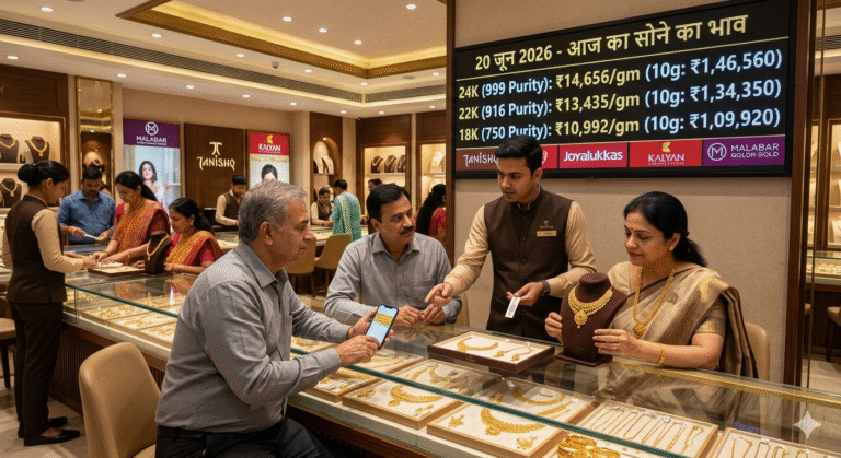 20 जून 2026 का सोने का भाव, 24K 22K 18K गोल्ड रेट, Tanishq Kalyan Malabar Gold Price Today