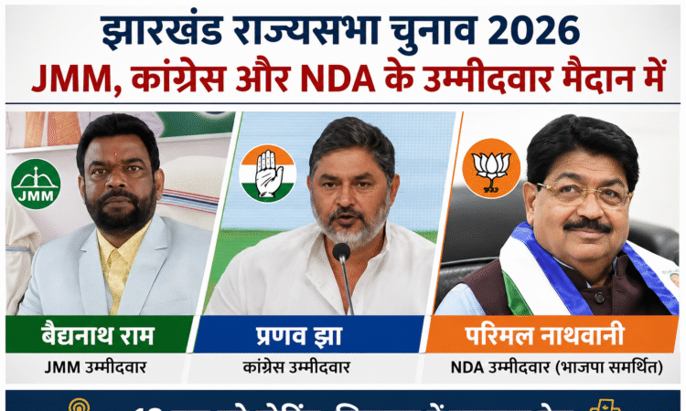 झारखंड राज्यसभा चुनाव 2026 का पोस्टर, जिसमें JMM उम्मीदवार बैद्यनाथ राम, कांग्रेस उम्मीदवार प्रणव झा और NDA समर्थित उम्मीदवार परिमल नाथवानी की तस्वीरें दिखाई गई हैं।