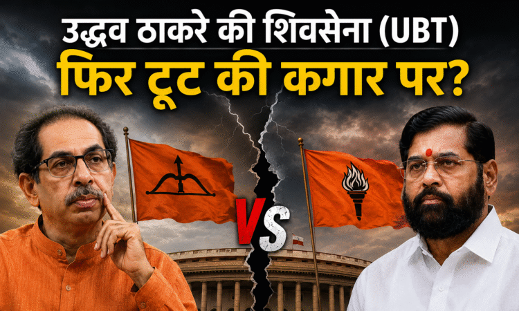 उद्धव ठाकरे और एकनाथ शिंदे की तस्वीरों के साथ राजनीतिक टकराव दर्शाता न्यूज ग्राफिक, बीच में शिवसेना के दो धड़ों के झंडे और संसद भवन की पृष्ठभूमि, शीर्षक: "उद्धव ठाकरे की शिवसेना (UBT) फिर टूट की कगार पर?"