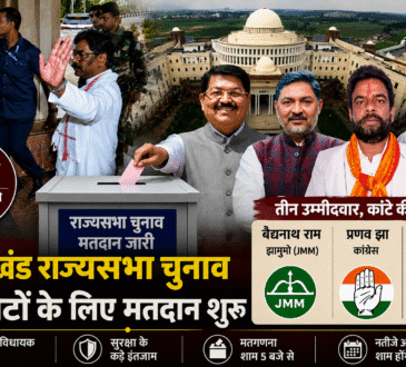 झारखंड राज्यसभा चुनाव 2026 का न्यूज़ थंबनेल, जिसमें झारखंड विधानसभा भवन, मतदान प्रक्रिया, सुरक्षा व्यवस्था और तीन उम्मीदवारों की तस्वीरें दिखाई गई हैं। मुख्य टेक्स्ट: "झारखंड राज्यसभा चुनाव: दो सीटों के लिए मतदान शुरू" और "तीन उम्मीदवार, कांटे की टक्कर"।