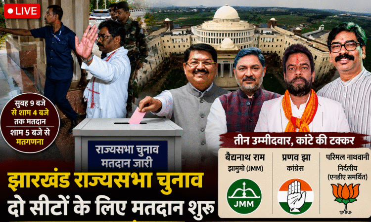 झारखंड राज्यसभा चुनाव 2026 का न्यूज़ थंबनेल, जिसमें झारखंड विधानसभा भवन, मतदान प्रक्रिया, सुरक्षा व्यवस्था और तीन उम्मीदवारों की तस्वीरें दिखाई गई हैं। मुख्य टेक्स्ट: "झारखंड राज्यसभा चुनाव: दो सीटों के लिए मतदान शुरू" और "तीन उम्मीदवार, कांटे की टक्कर"।