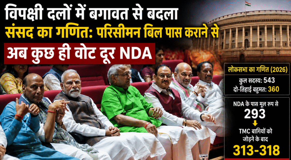 लोकसभा के नए राजनीतिक समीकरण पर आधारित ग्राफिक, जिसमें NDA की बढ़ती ताकत, विपक्षी दलों में बगावत और परिसीमन बिल को लेकर संसद का बदलता गणित दिखाया गया है।