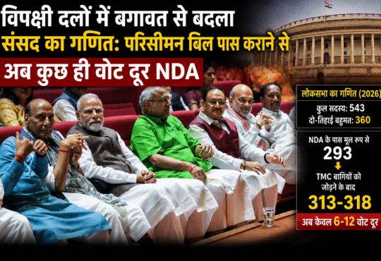 लोकसभा के नए राजनीतिक समीकरण पर आधारित ग्राफिक, जिसमें NDA की बढ़ती ताकत, विपक्षी दलों में बगावत और परिसीमन बिल को लेकर संसद का बदलता गणित दिखाया गया है।