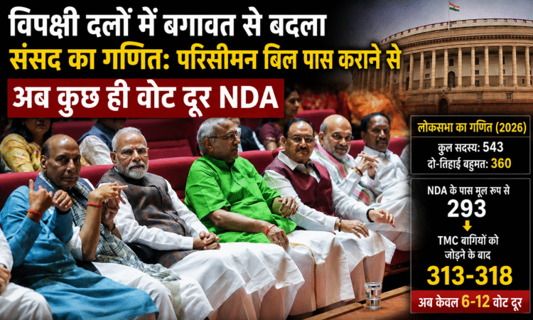 लोकसभा के नए राजनीतिक समीकरण पर आधारित ग्राफिक, जिसमें NDA की बढ़ती ताकत, विपक्षी दलों में बगावत और परिसीमन बिल को लेकर संसद का बदलता गणित दिखाया गया है।