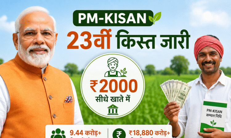 पीएम किसान सम्मान निधि योजना की 23वीं किस्त जारी होने पर प्रधानमंत्री मोदी और किसान का सांकेतिक चित्र।