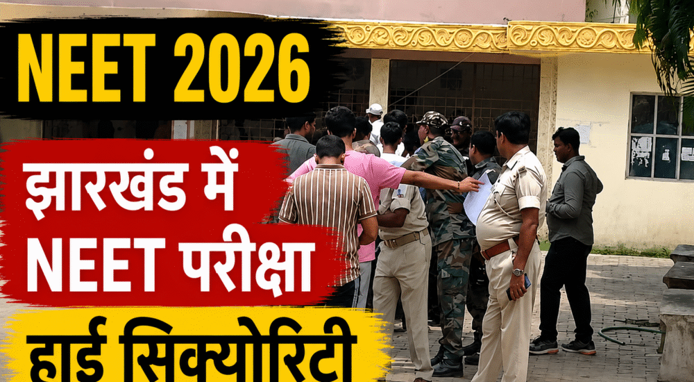 NEET UG 2026 परीक्षा केंद्र पर सुरक्षा जांच करते पुलिसकर्मी