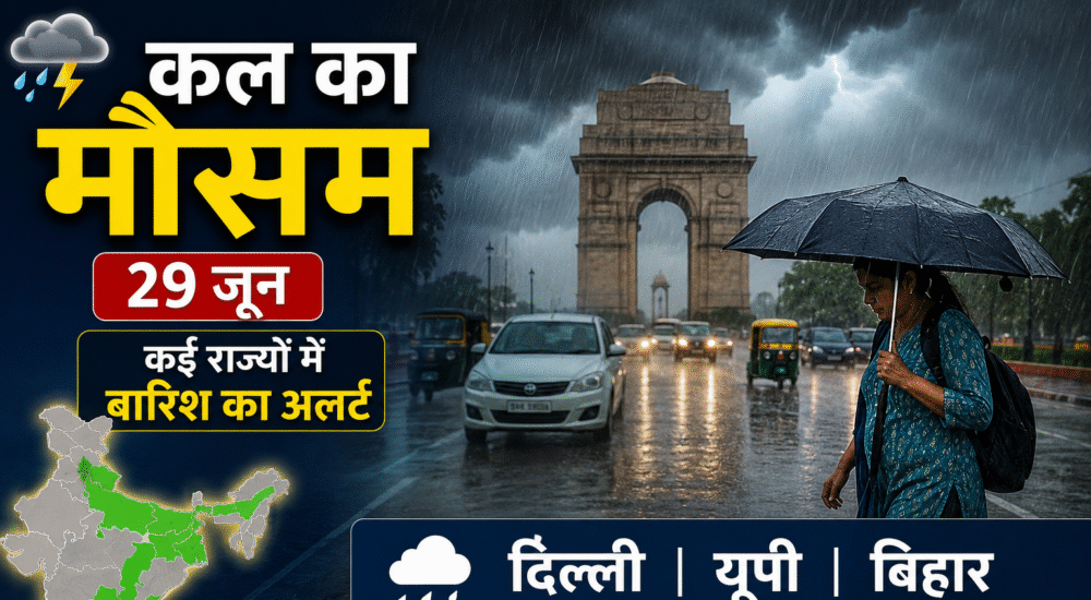 29 जून के मौसम का पूर्वानुमान दर्शाती तस्वीर, दिल्ली, यूपी, बिहार और कई राज्यों में बारिश, आंधी और IMD मौसम अलर्ट।