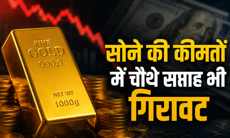 सोने की कीमतों में लगातार चौथे सप्ताह गिरावट का संकेत देता गोल्ड बार और डॉलर