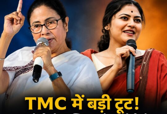 तृणमूल कांग्रेस (TMC) में कथित बगावत को दर्शाता राजनीतिक थंबनेल, जिसमें ममता बनर्जी और सायोनी घोष की तस्वीरें हैं। थंबनेल पर TMC में बड़ी टूट, 20 सांसदों के NCPI में शामिल होने और NDA को समर्थन देने की खबर दिखाई गई है।