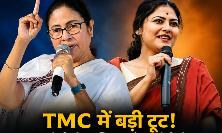तृणमूल कांग्रेस (TMC) में कथित बगावत को दर्शाता राजनीतिक थंबनेल, जिसमें ममता बनर्जी और सायोनी घोष की तस्वीरें हैं। थंबनेल पर TMC में बड़ी टूट, 20 सांसदों के NCPI में शामिल होने और NDA को समर्थन देने की खबर दिखाई गई है।