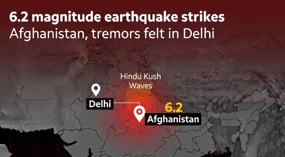 अफगानिस्तान में 6.2 तीव्रता के भूकंप का केंद्र और दिल्ली-NCR समेत उत्तर भारत में महसूस हुए झटकों को दर्शाता मानचित्र