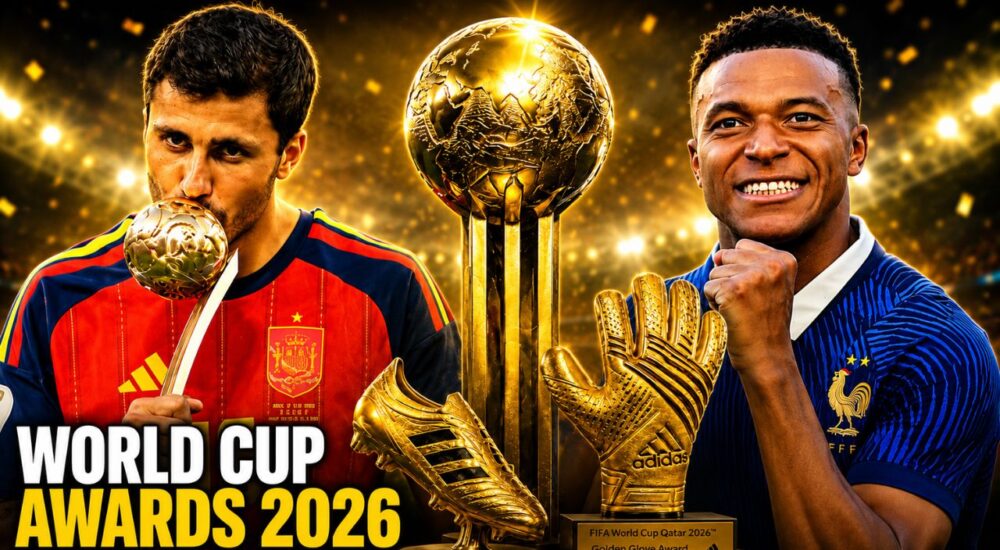 2026 FIFA World Cup Awards Winners: Rodri with Golden Ball, Kylian Mbappé and FIFA Golden Ball, Golden Boot and Golden Glove trophies.