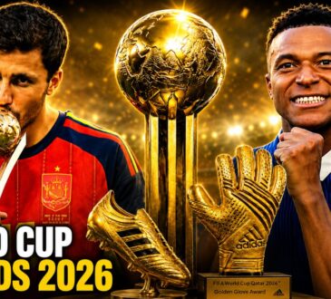 2026 FIFA World Cup Awards Winners: Rodri with Golden Ball, Kylian Mbappé and FIFA Golden Ball, Golden Boot and Golden Glove trophies.