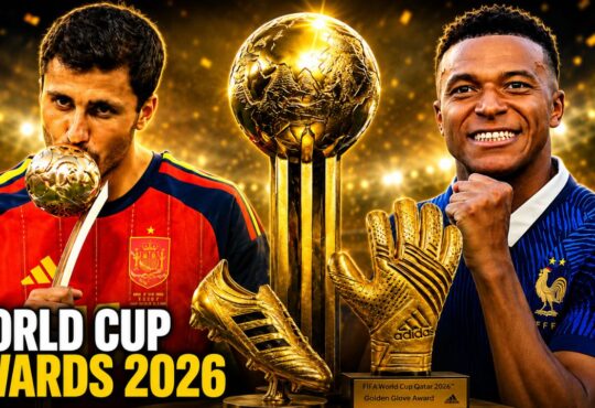 2026 FIFA World Cup Awards Winners: Rodri with Golden Ball, Kylian Mbappé and FIFA Golden Ball, Golden Boot and Golden Glove trophies.