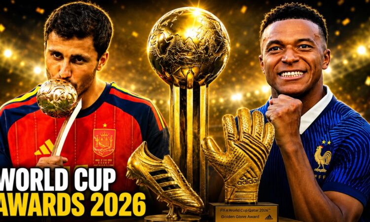 2026 FIFA World Cup Awards Winners: Rodri with Golden Ball, Kylian Mbappé and FIFA Golden Ball, Golden Boot and Golden Glove trophies.