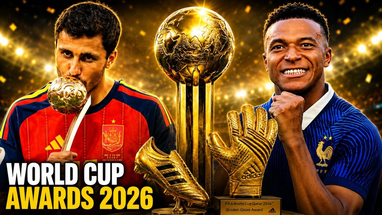 2026 FIFA World Cup Awards Winners: Rodri with Golden Ball, Kylian Mbappé and FIFA Golden Ball, Golden Boot and Golden Glove trophies.