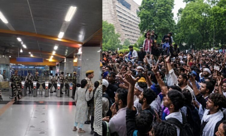 CJP Protest के बीच मंडी हाउस मेट्रो स्टेशन पर फंसे यात्री और दिल्ली में प्रदर्शन का दृश्य