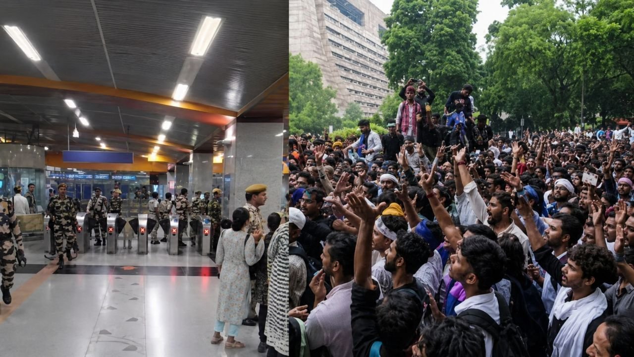 CJP Protest के बीच मंडी हाउस मेट्रो स्टेशन पर फंसे यात्री और दिल्ली में प्रदर्शन का दृश्य