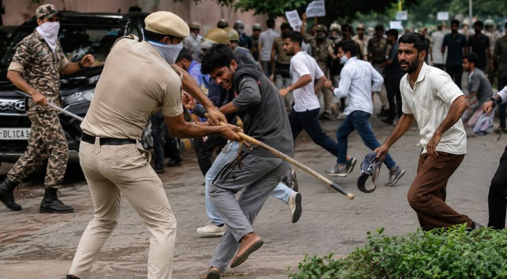 दिल्ली में CJP संसद मार्च के दौरान प्रदर्शनकारियों और पुलिस के बीच झड़प का दृश्य