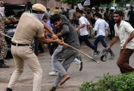 दिल्ली में CJP संसद मार्च के दौरान प्रदर्शनकारियों और पुलिस के बीच झड़प का दृश्य