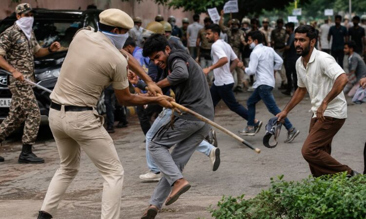 दिल्ली में CJP संसद मार्च के दौरान प्रदर्शनकारियों और पुलिस के बीच झड़प का दृश्य