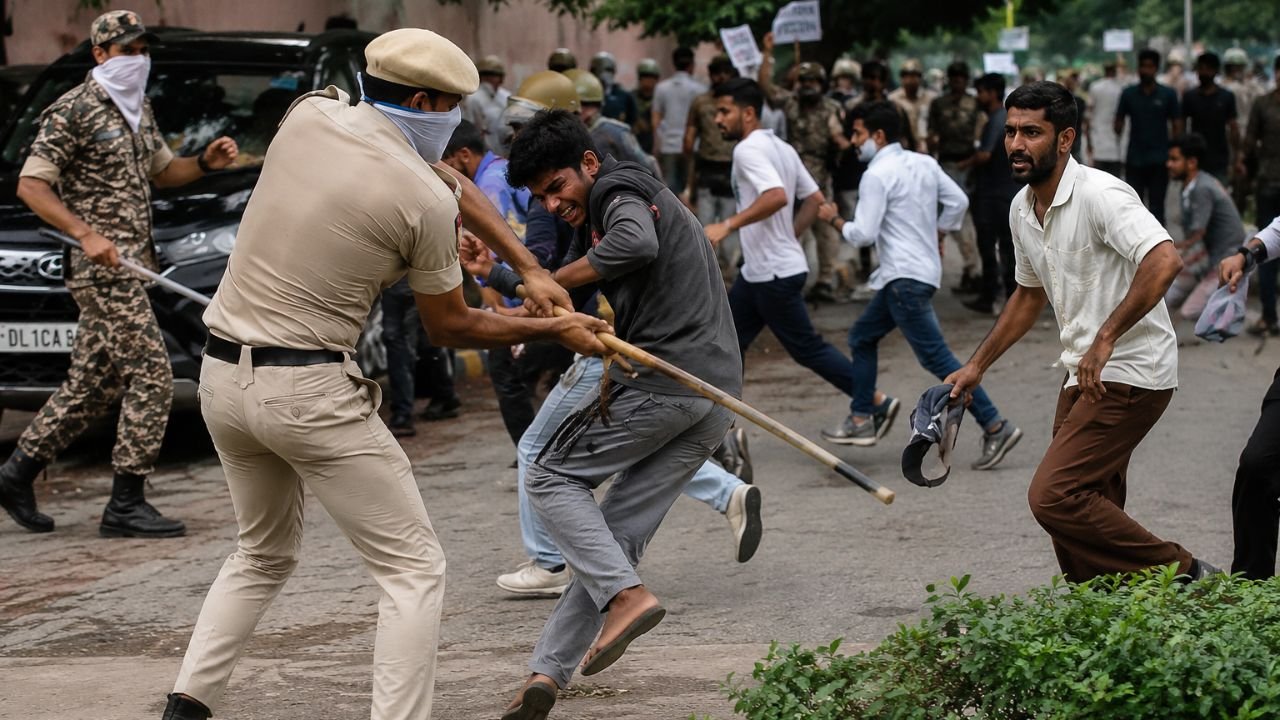 दिल्ली में CJP संसद मार्च के दौरान प्रदर्शनकारियों और पुलिस के बीच झड़प का दृश्य