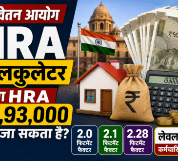 8वें वेतन आयोग HRA कैलकुलेटर से जुड़ा थंबनेल, जिसमें घर, रुपये, कैलकुलेटर और सरकारी भवन की पृष्ठभूमि के साथ ₹1.93 लाख तक HRA का संभावित अनुमान दिखाया गया है।