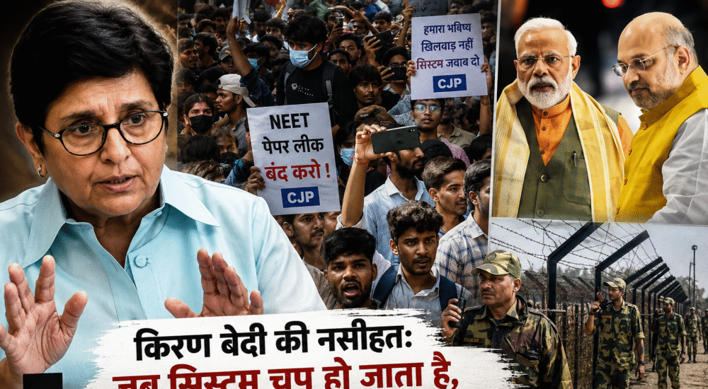 NEET पेपर लीक विरोध प्रदर्शन के बीच किरण बेदी का बयान और CJP आंदोलन से जुड़ी सांकेतिक तस्वीर.