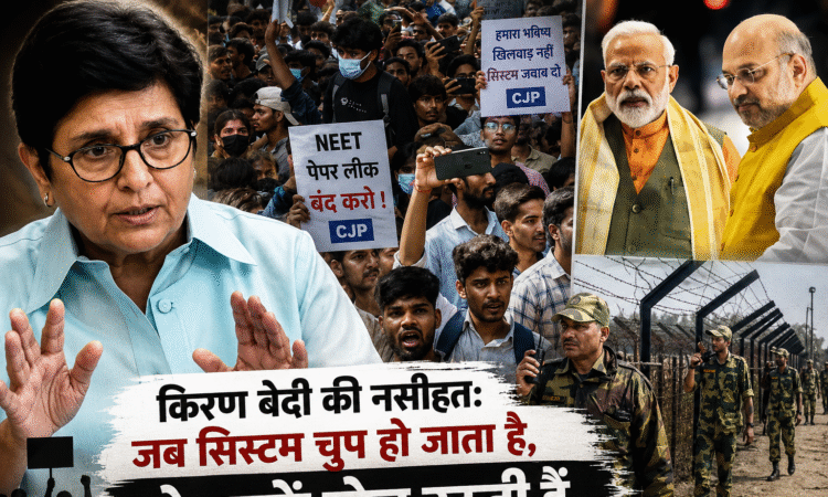 NEET पेपर लीक विरोध प्रदर्शन के बीच किरण बेदी का बयान और CJP आंदोलन से जुड़ी सांकेतिक तस्वीर.