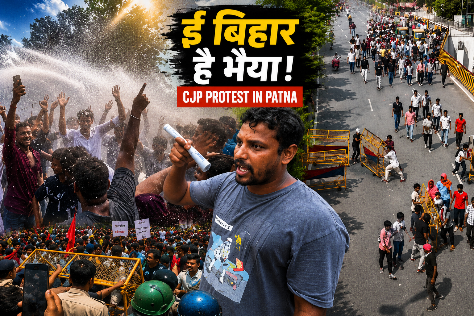 पटना में CJP Protest के दौरान Water Cannon के बीच नाचते छात्र और सड़क पर प्रदर्शन करते प्रदर्शनकारी।
