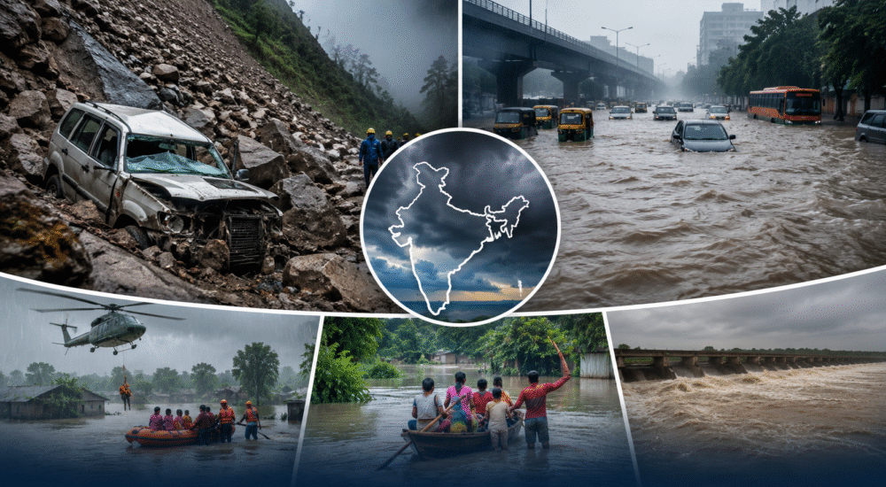 देशभर में भारी मानसून के दौरान हिमाचल प्रदेश में लैंडस्लाइड से क्षतिग्रस्त वाहन, गुजरात में बाढ़ से जलमग्न सड़कें और घर, राहत एवं बचाव अभियान चलाते NDRF