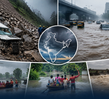 देशभर में भारी मानसून के दौरान हिमाचल प्रदेश में लैंडस्लाइड से क्षतिग्रस्त वाहन, गुजरात में बाढ़ से जलमग्न सड़कें और घर, राहत एवं बचाव अभियान चलाते NDRF