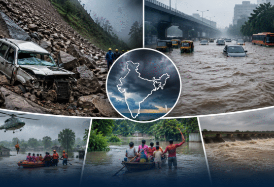 देशभर में भारी मानसून के दौरान हिमाचल प्रदेश में लैंडस्लाइड से क्षतिग्रस्त वाहन, गुजरात में बाढ़ से जलमग्न सड़कें और घर, राहत एवं बचाव अभियान चलाते NDRF